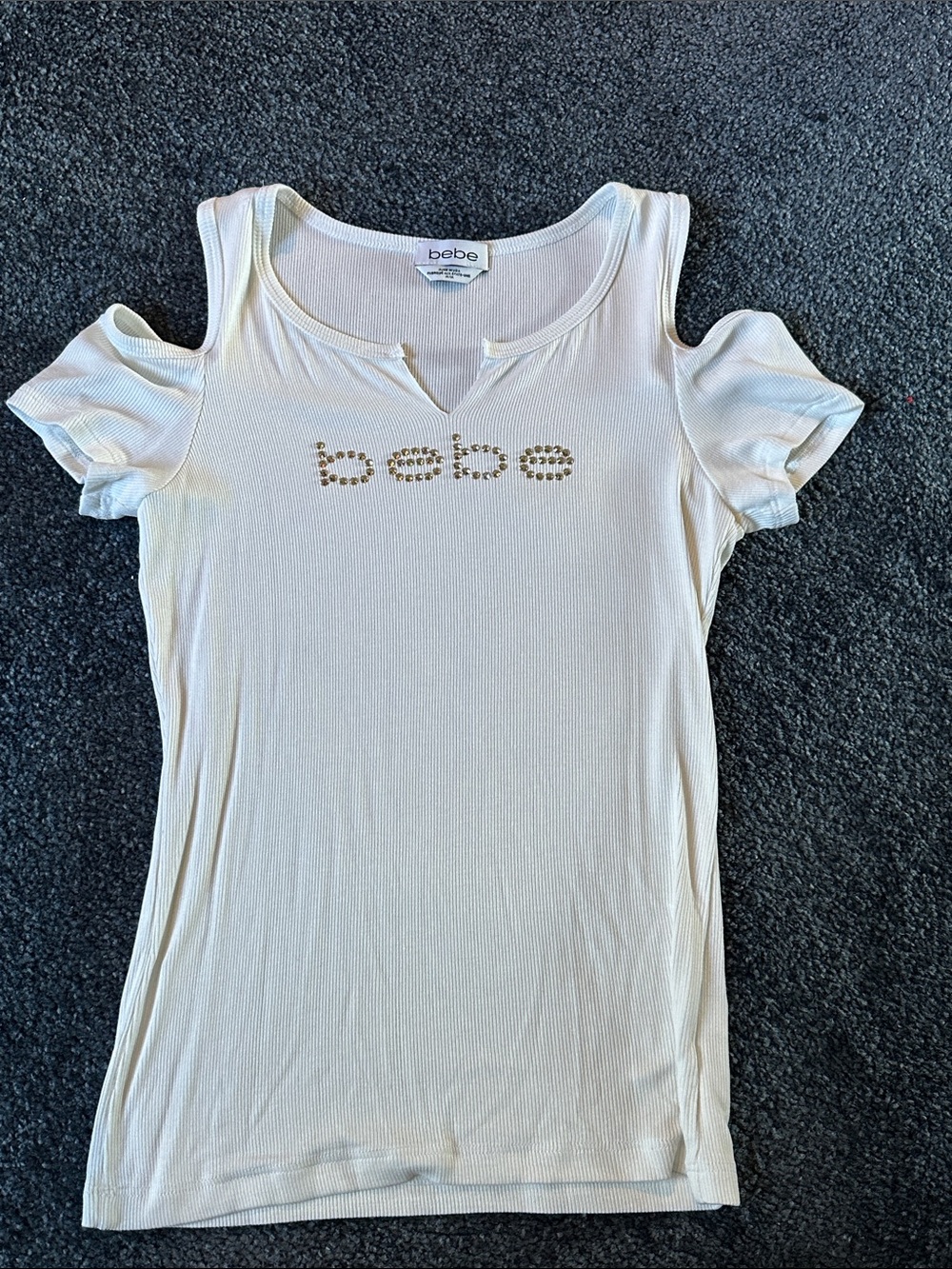 bebe Cream Cold-Shoulder Logo Ribbed Tee with Crystal Accents